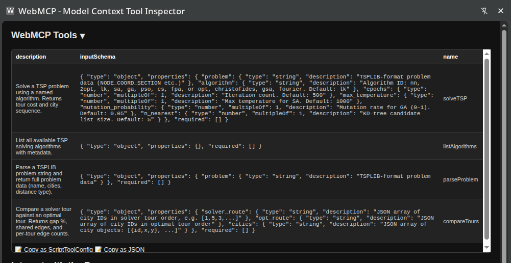 The WebMCP Inspector extension listing teeline’s four discovered tools, solveTSP, listAlgorithms, parseProblem, and compareTours, each with its full JSON inputSchema.